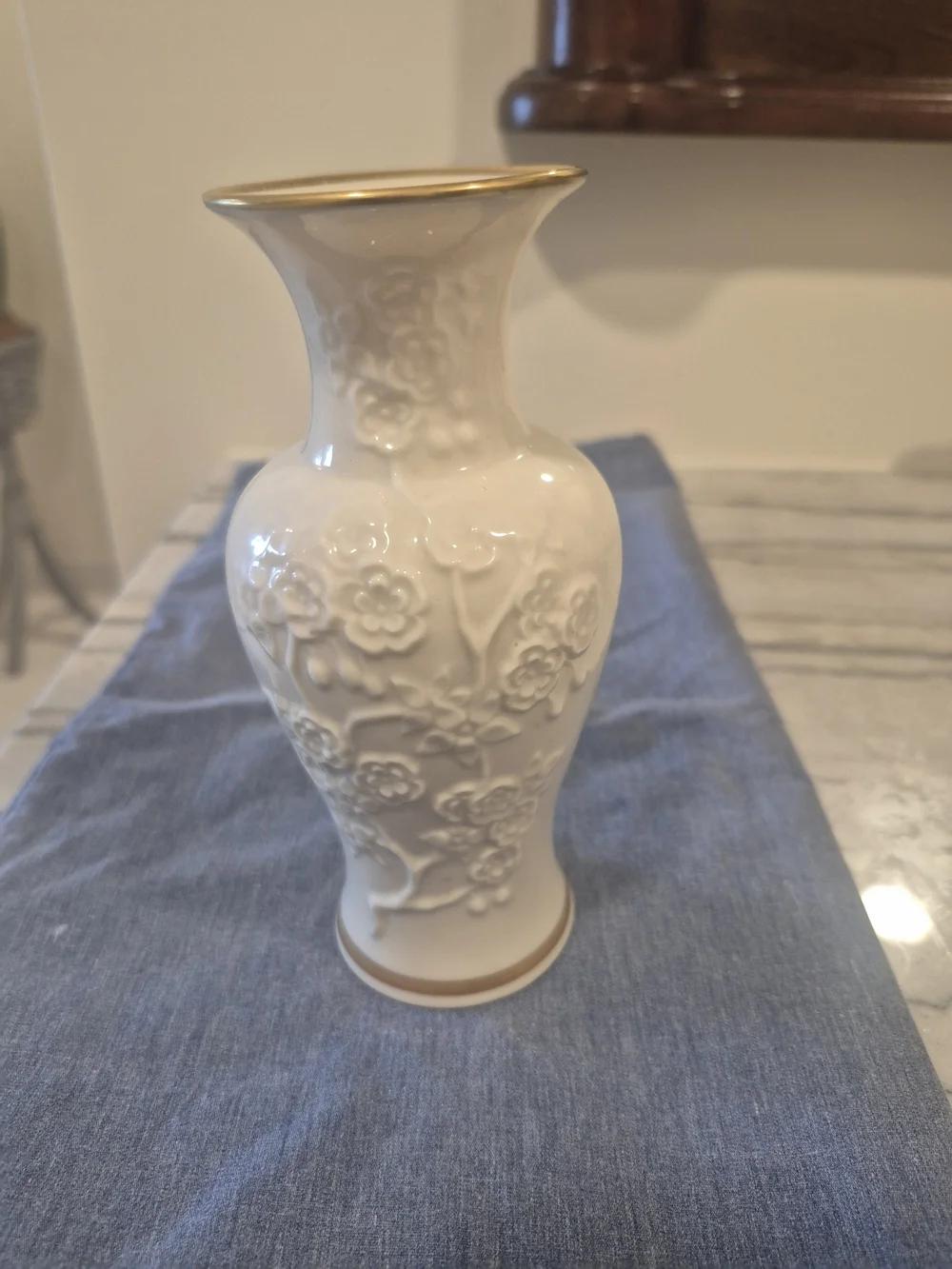 Lenox White Embossed Floral Vase with Gold Trim